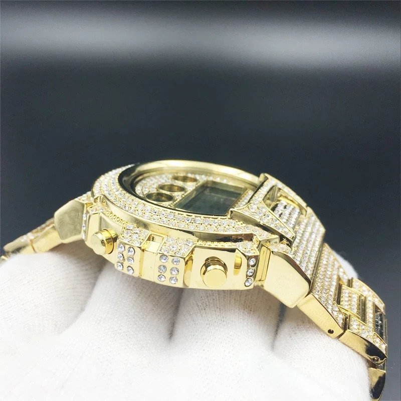 Drop 18k Gold Watch Men Full Diamonds Mens Quartz Watches LED Digital Male Clock Hip Hop Wristwatches Reloj Hombre Gift 240626