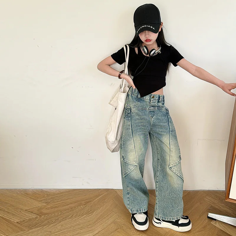 Girls Jeans Korean Loose Wide leg Pants Children Straight leg Jeans Kids Pans Trendy 120-170CM 240701