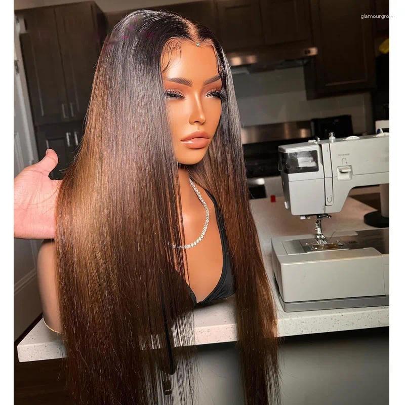 Soft Preplucked 180%Density 26Inch Long Ombre Brown Silky Straight Lace Front Wig For Women With Baby Hair Heat Resistant Daily