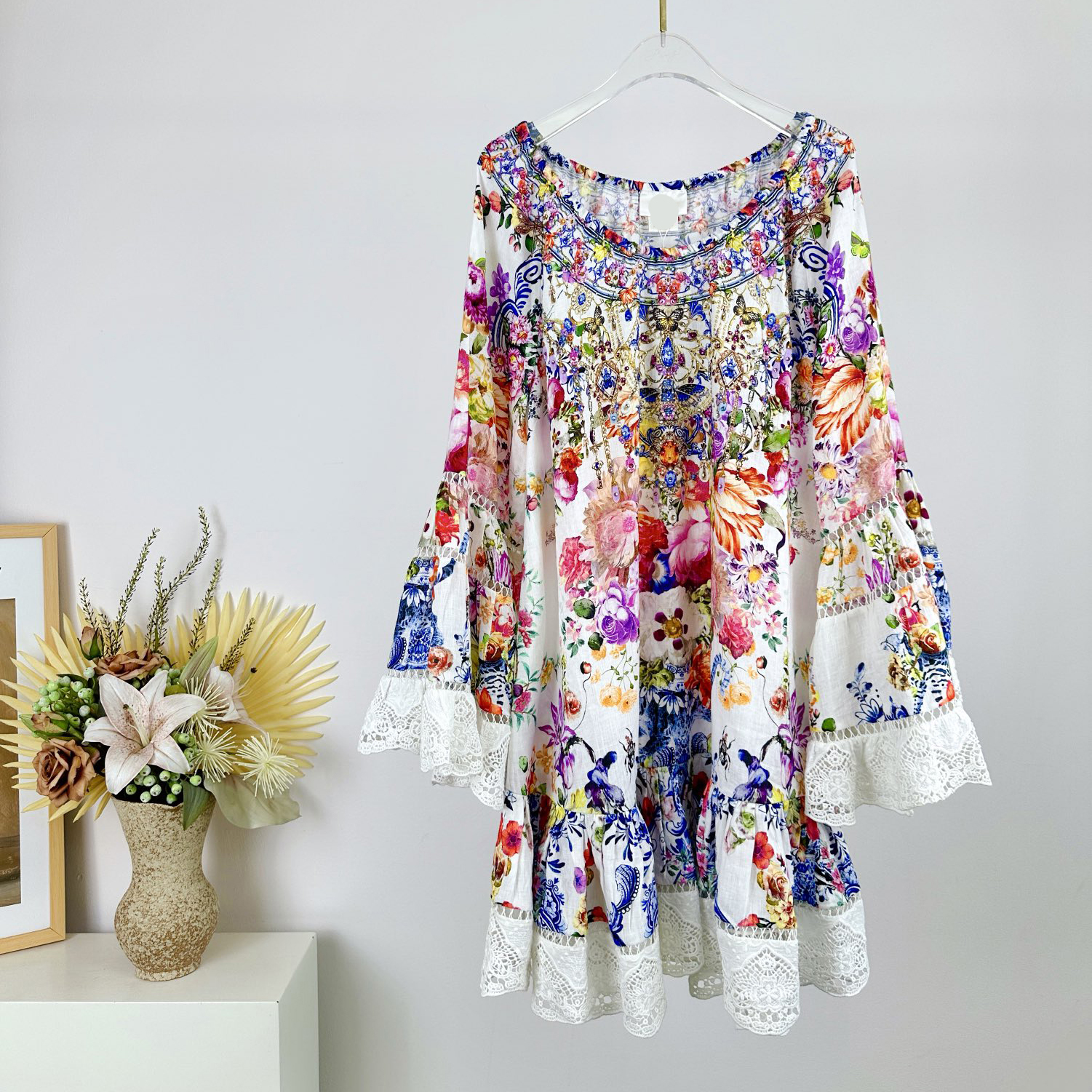 Womens dress white linen floral printed slash neck bell sleeve mini dress