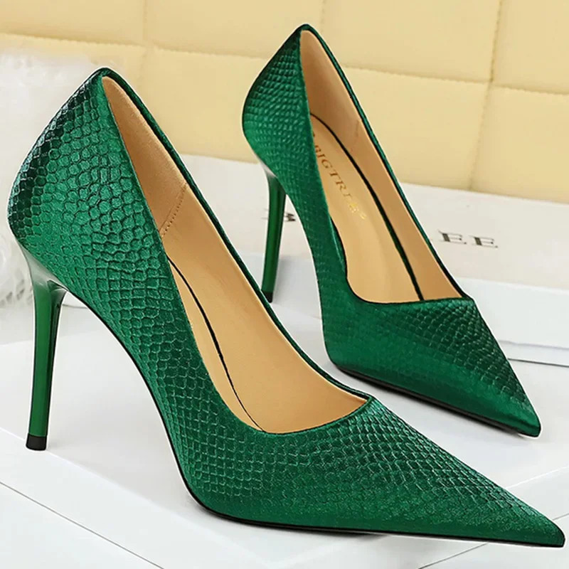 Women 9.5cm High Heels Fashion Pumps Wedding Bridal Classic Scarpins Silk Stiletto Thin Heels Lady Light Blue Green Office Shoes 240701