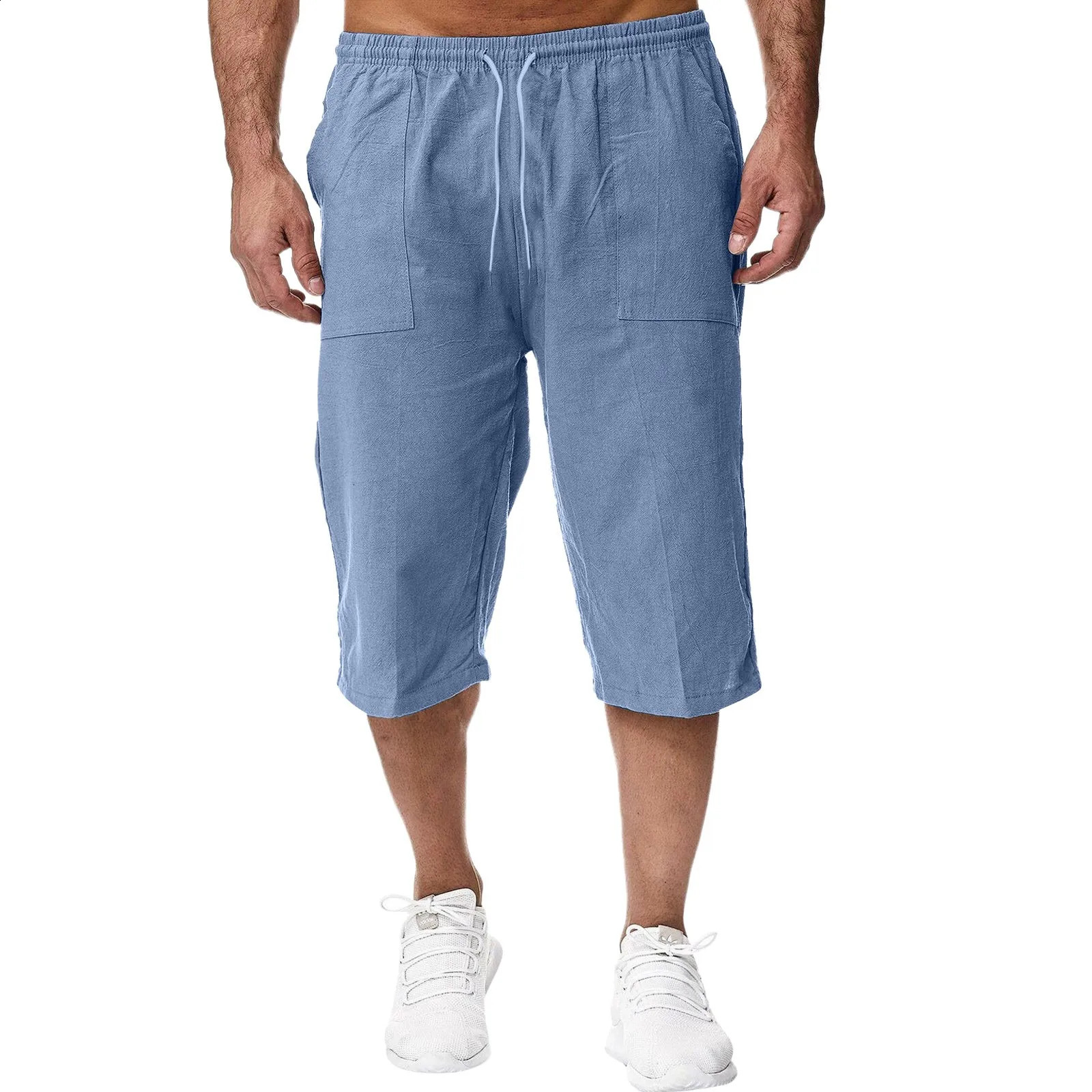 Summer mens casual shorts cotton blend long elastic waist loose pockets drawstring 3/4 length short sleeves daily wear 240701