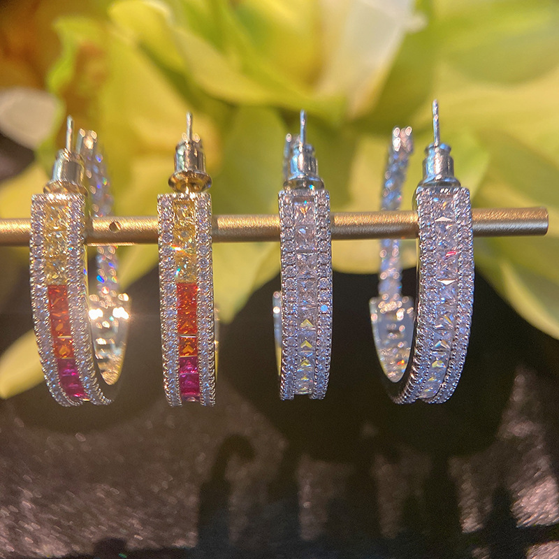 Ins Top Sell Large Clip Earrings Luxury Jewelry 925 Sterling Silver Rainbow Colorful Princess Cut 5A Cubic Zircon CZ Diamond Eternity Women Wedding Ea