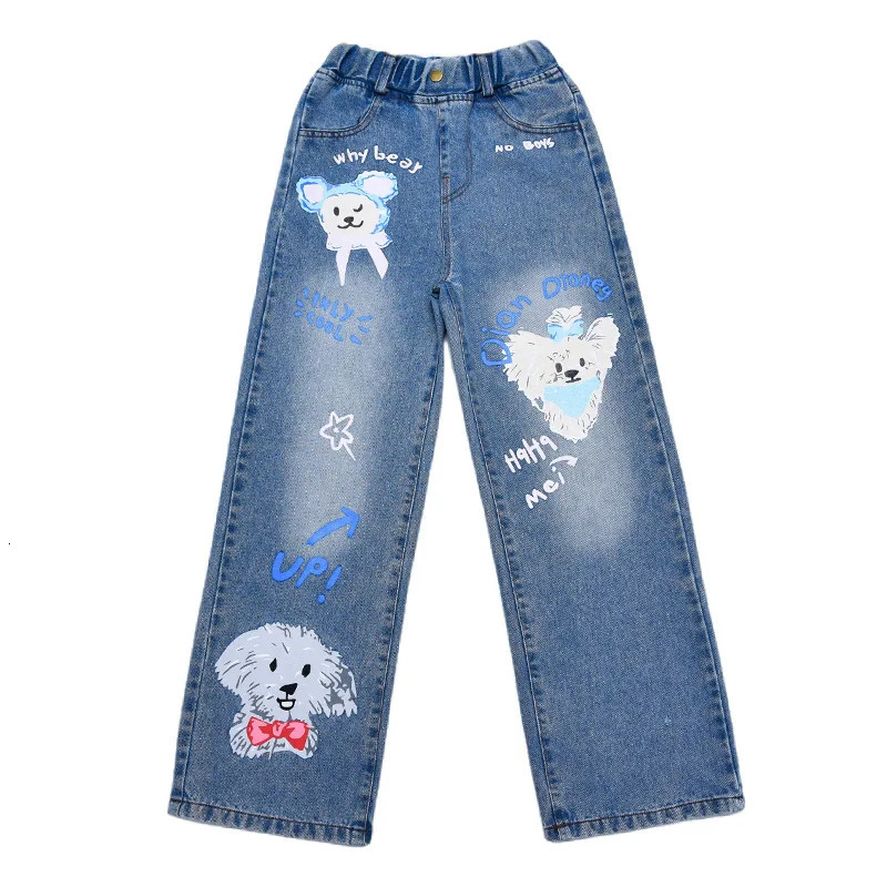 Jeans for Girls Fashion Cartoon Printed Long Denim Trousers Teens Kids Cute Dog Pattern Wide Leg Pants 5 7 9 11 13 14Y 240701