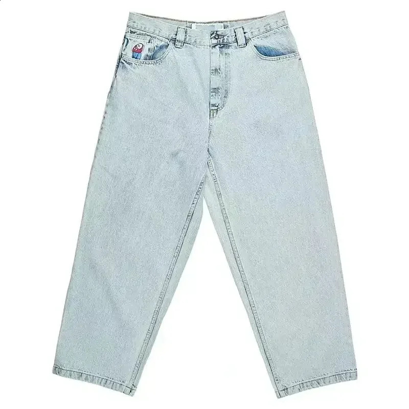 Hip Hop Cartoon Street Clothing Polar Big Boy Jeans Embroidered Y2K Pants Retro Blue Pocket Jeans Mens High Waist Wide Trouser 240701