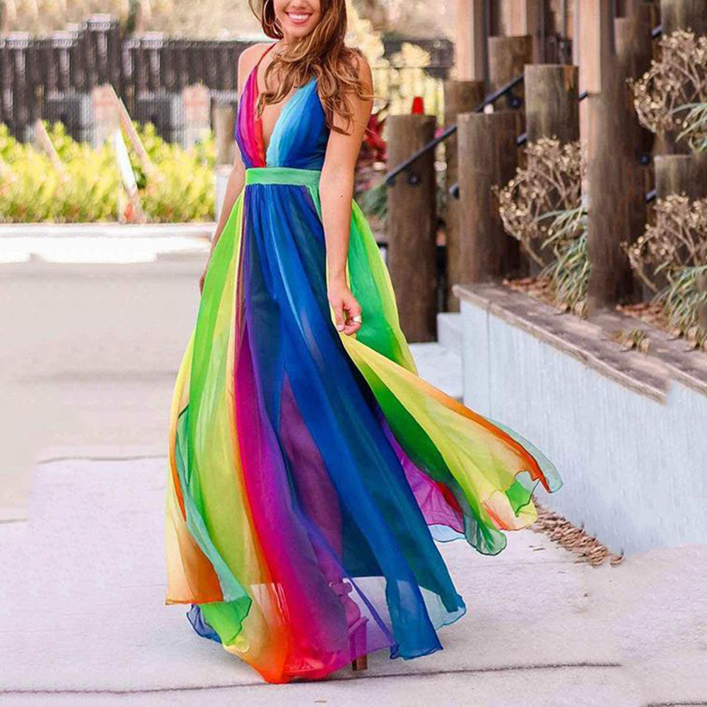 vestidos partydress robe vestido LGBTQ Pride Flag Rainbow Stripe Beach Dress Chiffon Polyester Empire V-Neck Tiered SIZE S-2XL chinese dress femme wom