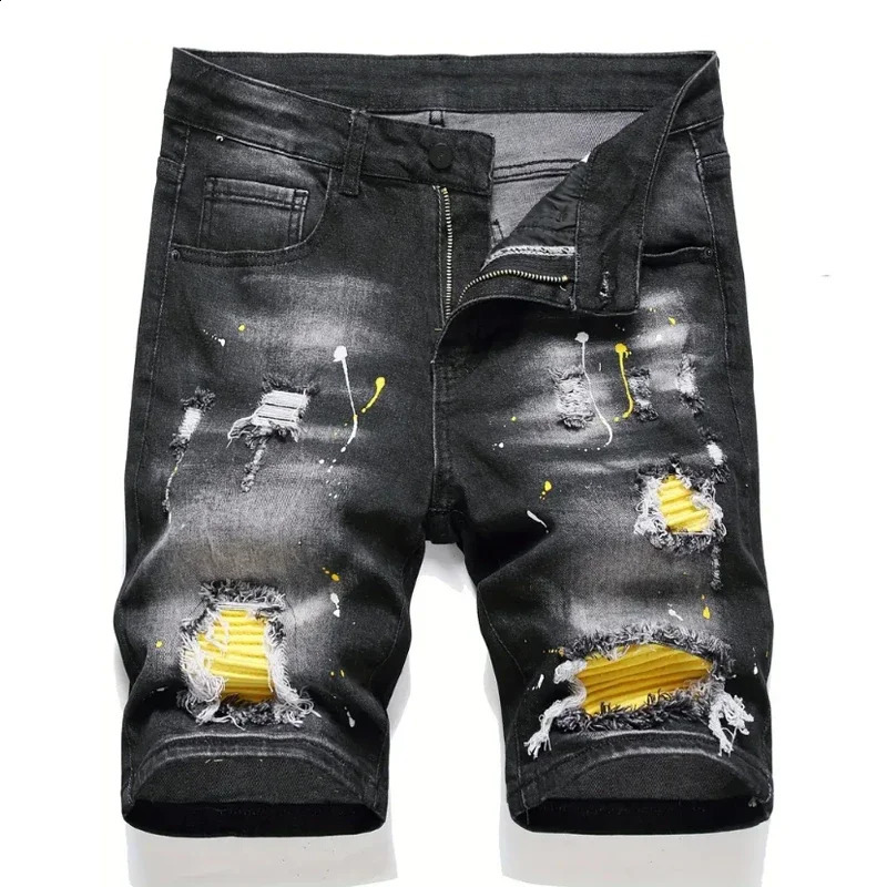 Summer New Mens Fashion Elastic denim Shorts Retro Street Style Old Slim Fit Shorts Jeans Splicing Design 98% Pure Cotton Brand 240701