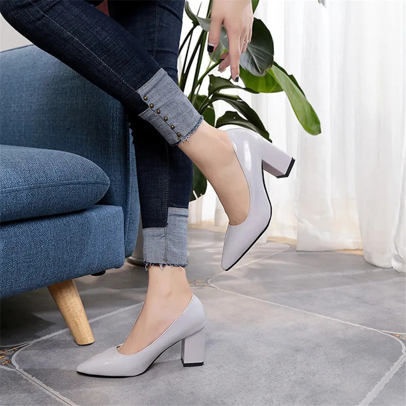 Women Pumps Black High heels 7.5cm Lady Patent leather Shallow Thick with Autumn Pointed Single Shoes Slip-On Female Shoes 240701