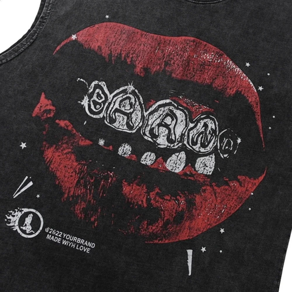 Lip Print Pattern Washed T Shirt Vintage Loose Tank Top Casual Sleeveless Cotton Tshirt Hip Hop Streetwear Oversize Tops Vest 240701