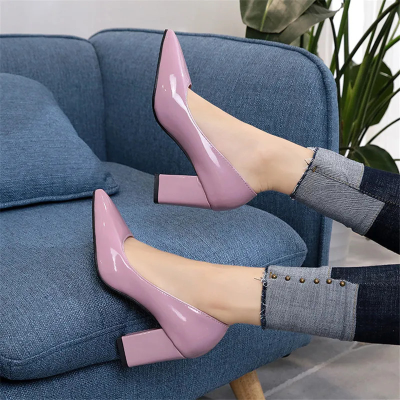 Women Pumps Black High heels 7.5cm Lady Patent leather Shallow Thick with Autumn Pointed Single Shoes Slip-On Female Shoes 240701