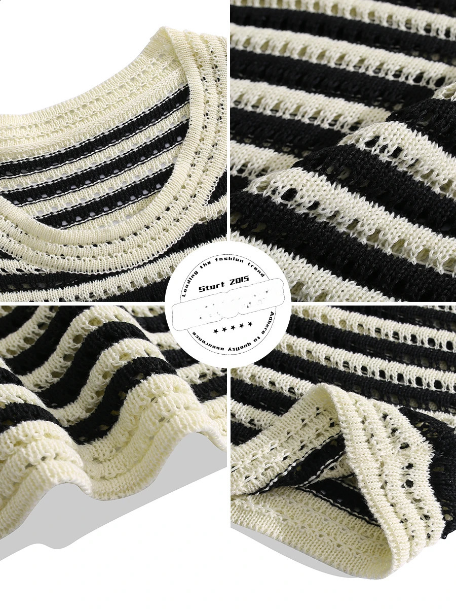 Mens O-neck Sleeveeless Striped Knitted Vests Tops Trendy High Street Summer Simple Loose Casual All-match Sweater Waistcoat 240701