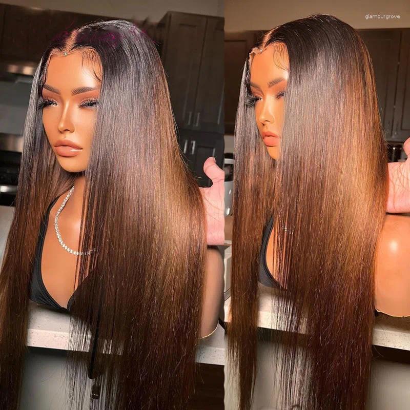 Soft Preplucked 180%Density 26Inch Long Ombre Brown Silky Straight Lace Front Wig For Women With Baby Hair Heat Resistant Daily