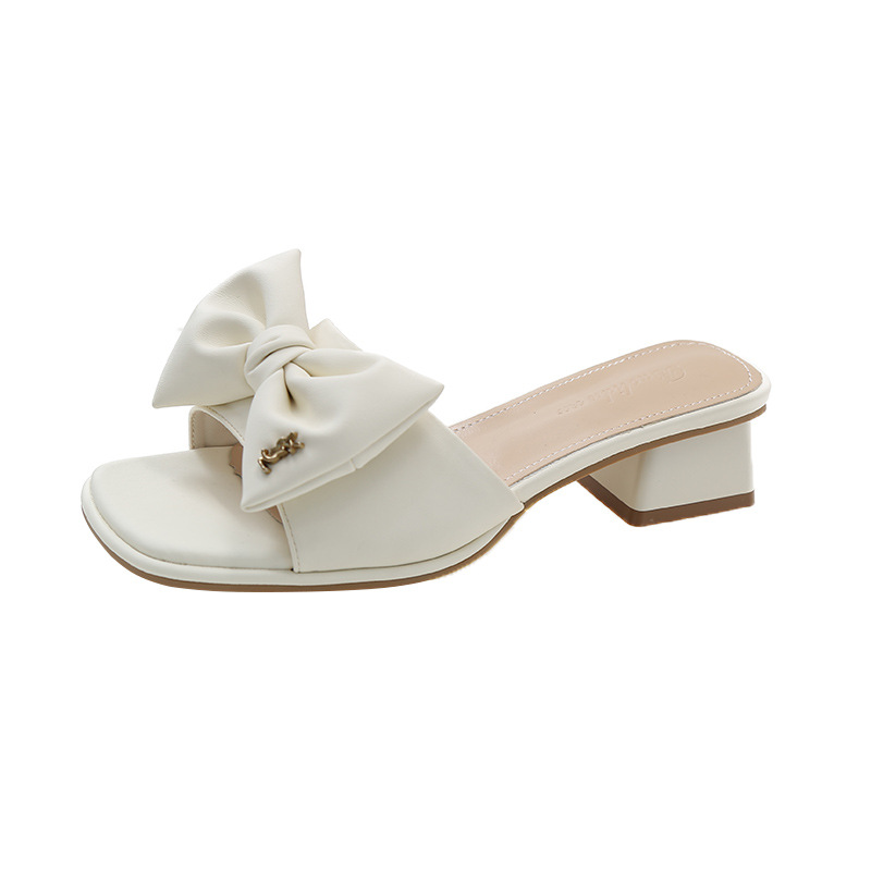Gentle wind block heel bow sandals women's 2024 spring summer new French style wear slip-flops out with skirt