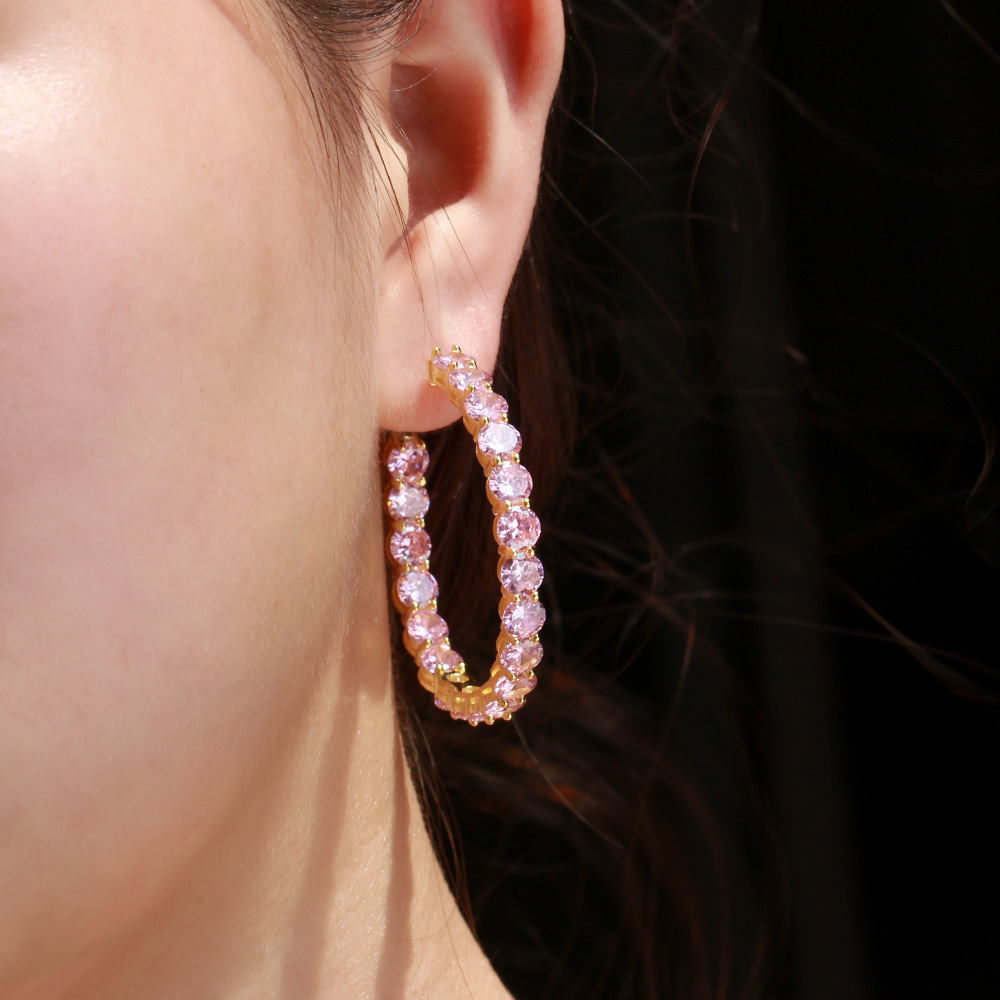 Elegant Temperament Ins Clip Earrings Sparkling Luxury Jewelry Real 925 Sterling Silver 18K Gold Round Cut Pink 5A Cubic Zircon CZ Diamond Women Weddi