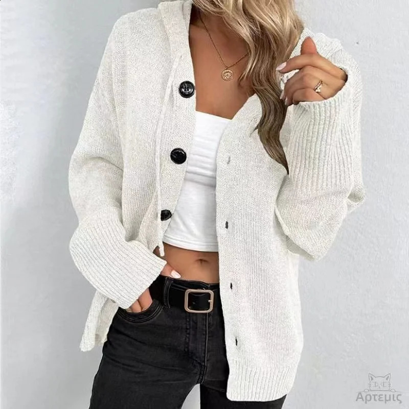 Hooded Cardigan for Women Drawstring Button Up Knit Sweater Jacket Autumn Winter Ladies Outfit 240701wtt