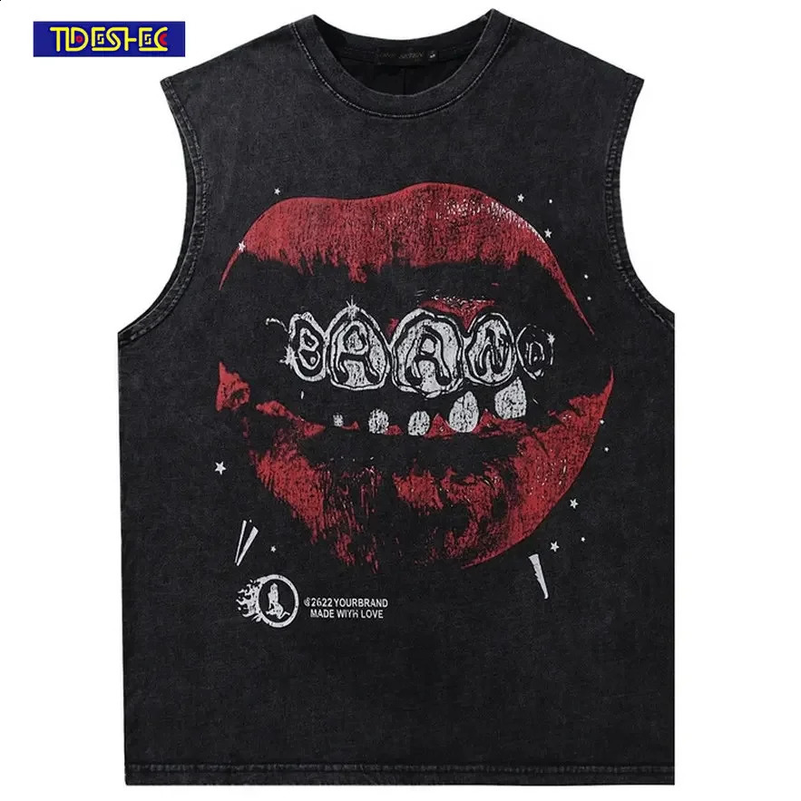Lip Print Pattern Washed T Shirt Vintage Loose Tank Top Casual Sleeveless Cotton Tshirt Hip Hop Streetwear Oversize Tops Vest 240701