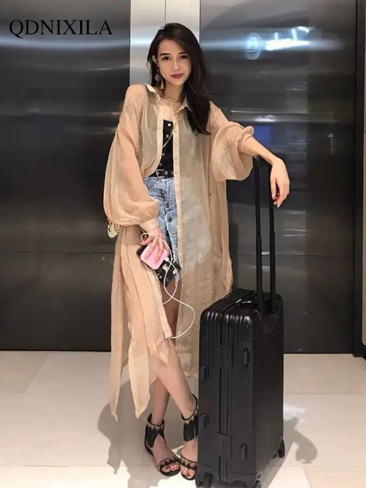 2023 Summer Midlength Womens Shirts and Blouses Fashion Sunscreen Clothing Thin Cardigan Chiffon Beach Top Oversized 240627