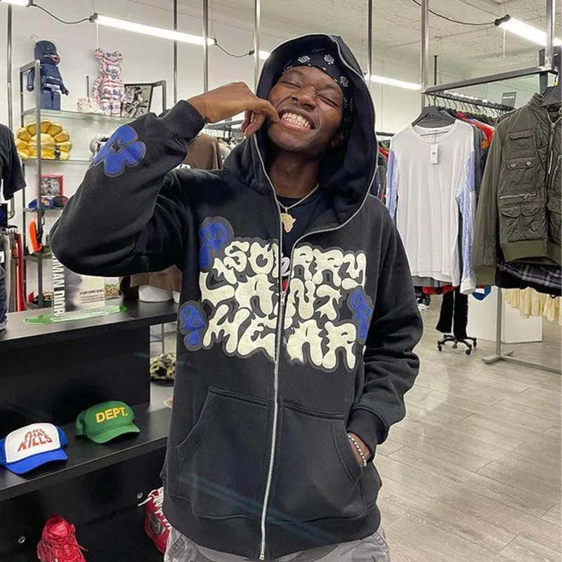 Harajuku Jacket Letter Foam Print Coat Men Women Jackets Zip Hooded Sweatshirt Oversized Long-sleeved Zipper Top Casual Hoodies 240701