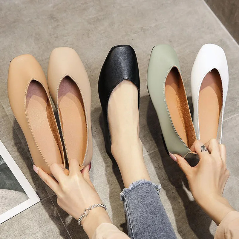 Autumn Womens Single Slip on Soft Sole Casual Office Lady Leather Shoes Loafers Fashion Square Toe Shallow Flats 240701