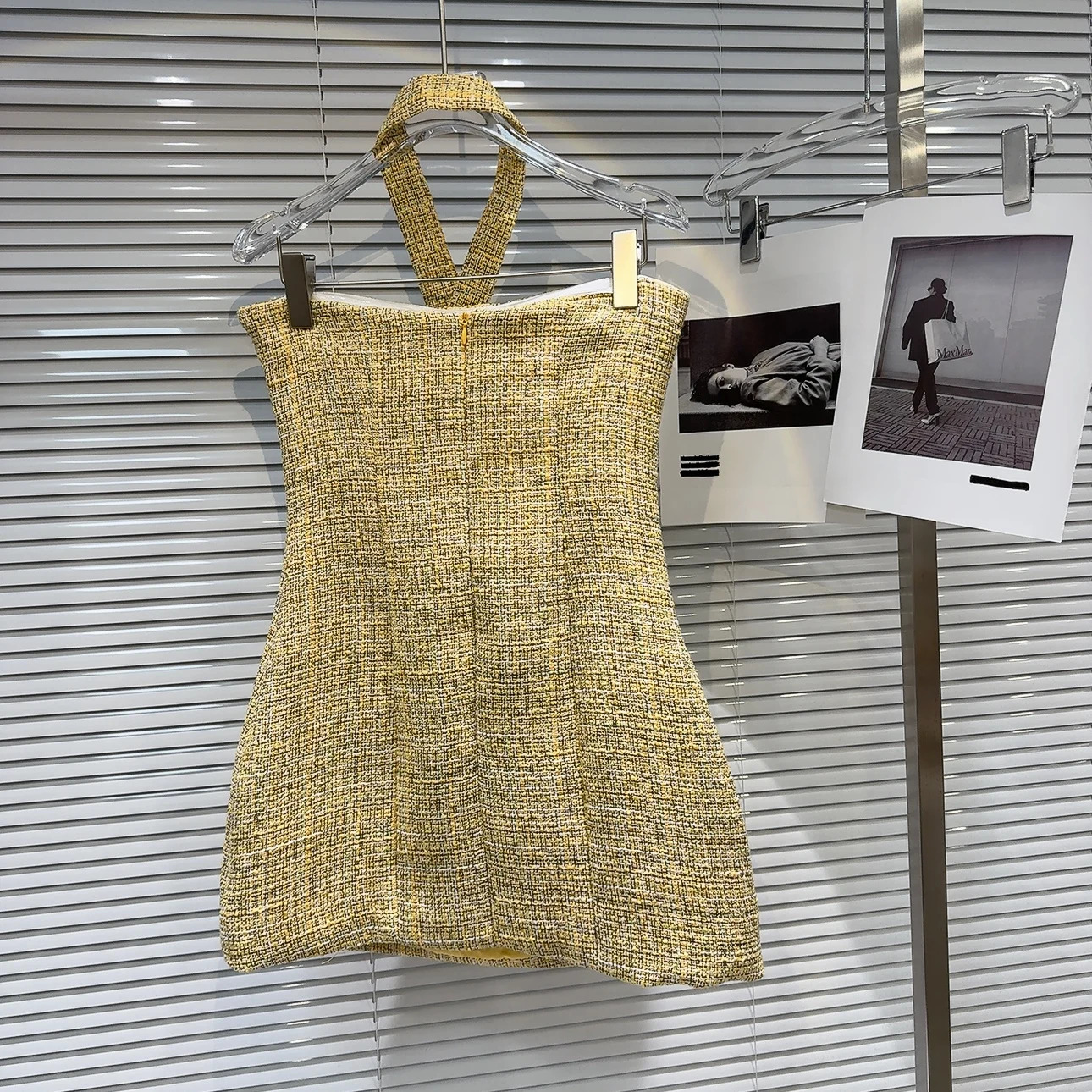 PREPOMP Summer Arrival Sleeveless Strapless Petal Applique Necktie Halter Yellow Tweed Short Mini Dress Women GP584 240625