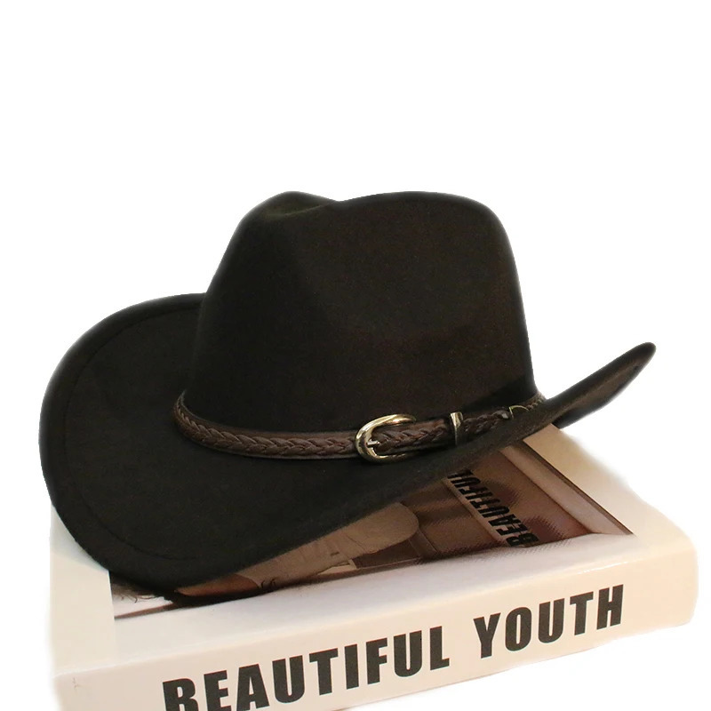 Coffee Leather Band Vintage Parent-child Women Men /Kid Child Wool Wide Brim Cowboy Western Hat Cowgirl Bowler Cap 54-57-61cm 240701