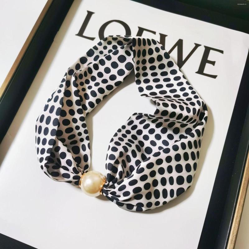 Scarves Spring And Summer Silk-like Women's Niche High-grade Magnetic Pearl Buckle Necklace Dopamine Wear Printed Small Scarf