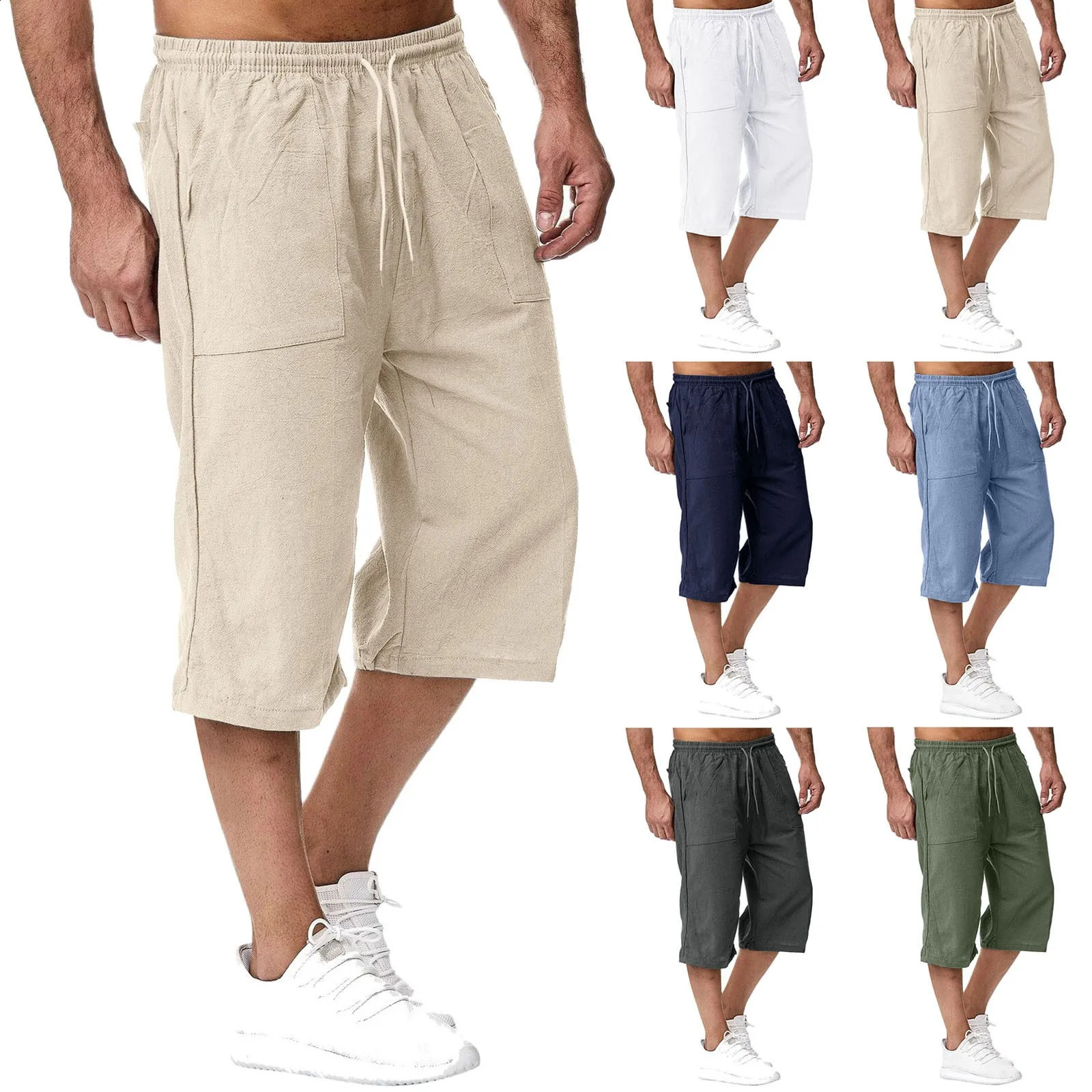 Summer mens casual shorts cotton blend long elastic waist loose pockets drawstring 3/4 length short sleeves daily wear 240701