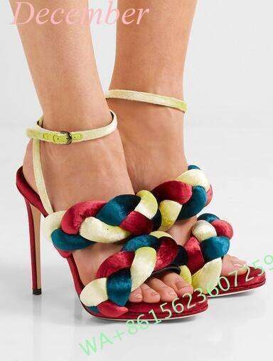 2024 New Spring And Summer Women's Red Glitter Veet Braided Strap Open Toe Custom Ladies Platform Sandals