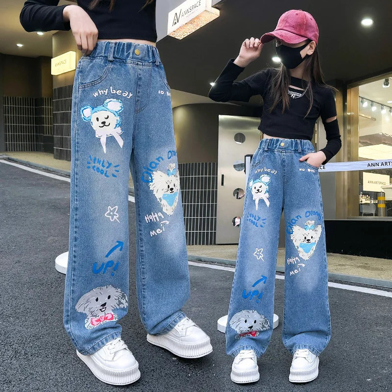 Jeans for Girls Fashion Cartoon Printed Long Denim Trousers Teens Kids Cute Dog Pattern Wide Leg Pants 5 7 9 11 13 14Y 240701
