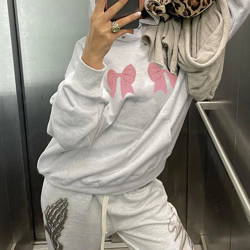 Korean Fashion Bow Print Women Hoodie Kawai Harajuku Casual Streetwear Aesthetic Y2K Pullover Loose E-girl Jacket Couple Tops 240701