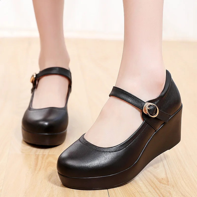 Small Big Size 33-43 Shallow Thick Bottom Genuine Leather Shoes Platform Pumps Fall Womens High Heels Wedges Shoes Office 250228 - view 4