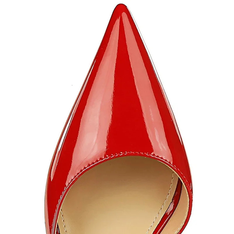 Size 34-43 Women 8cm Thin High Heels Pumps Lady Shallow Pointed Toe Mid Heels Side Hollow Patent Leather Nude Burgundy Red Shoes 240701 - view 5