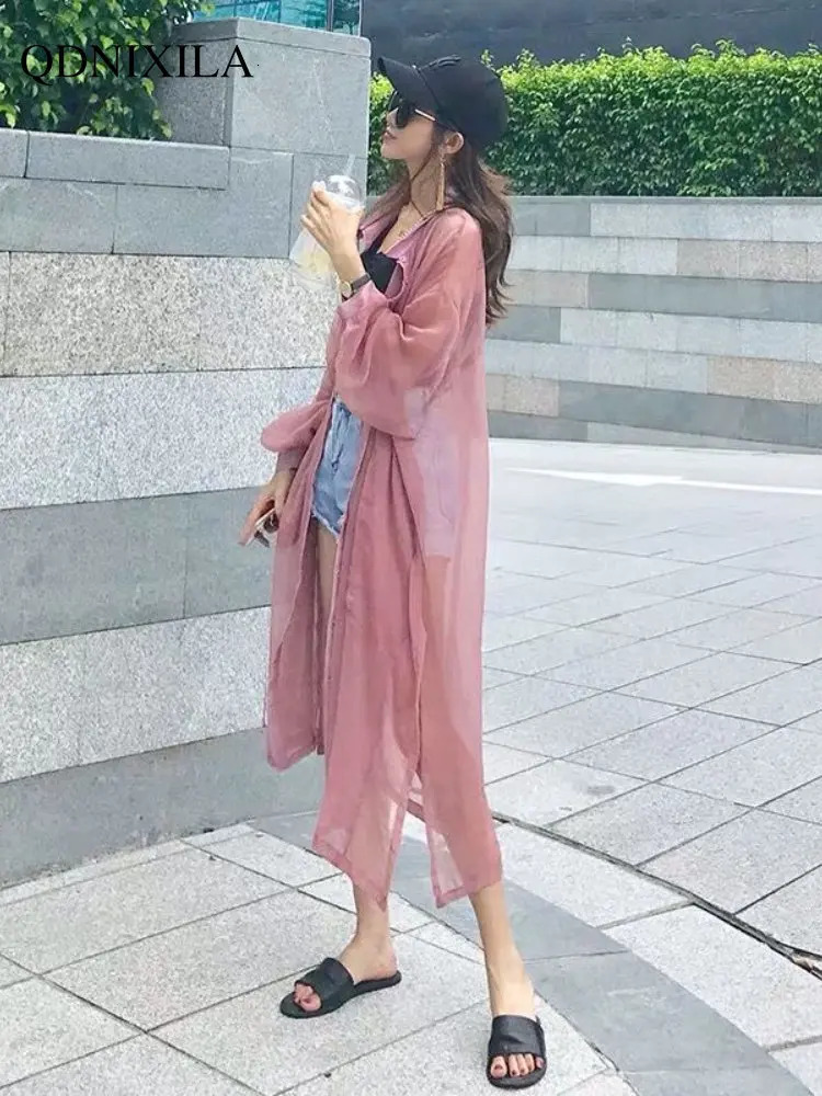 2023 Summer Midlength Womens Shirts and Blouses Fashion Sunscreen Clothing Thin Cardigan Chiffon Beach Top Oversized 240627