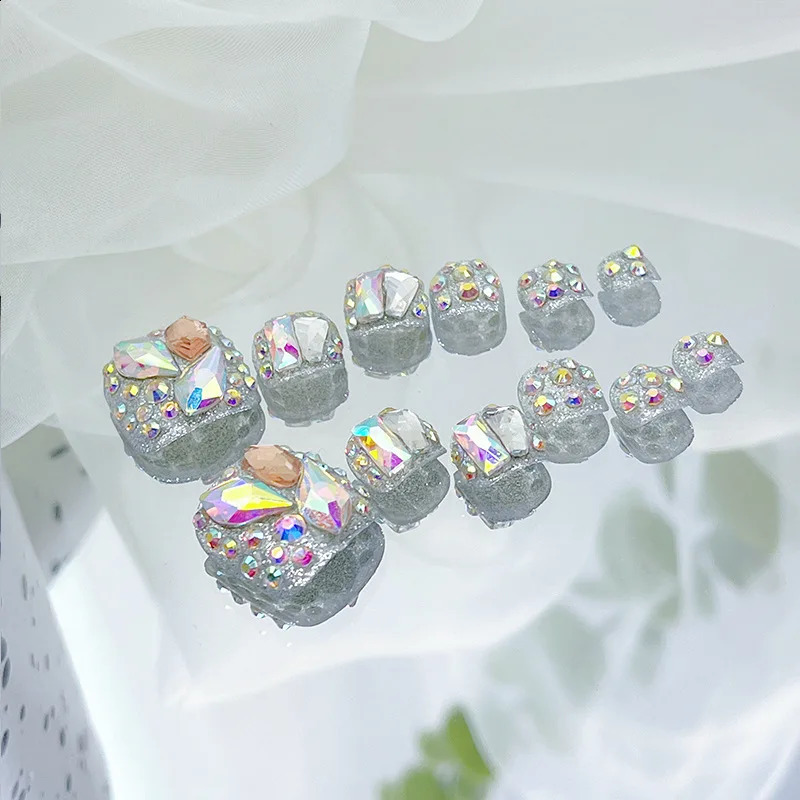 24pcs Colorful Diamond Fake ToeNails Short Square Summer Aurora Silver Sparkling False ToeNails Press On Manicure Feet Nail Tips 240914