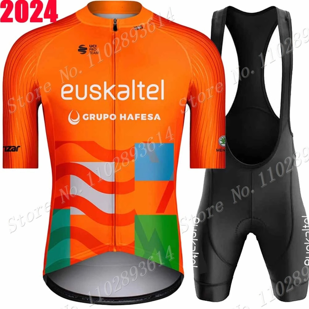 Euskaltel Euskadi Team 2024 Cycling Jersey Men Set Orange Spain Clothing shirt Road Bike Suit Bicycle Bib Shorts Maillot 240618