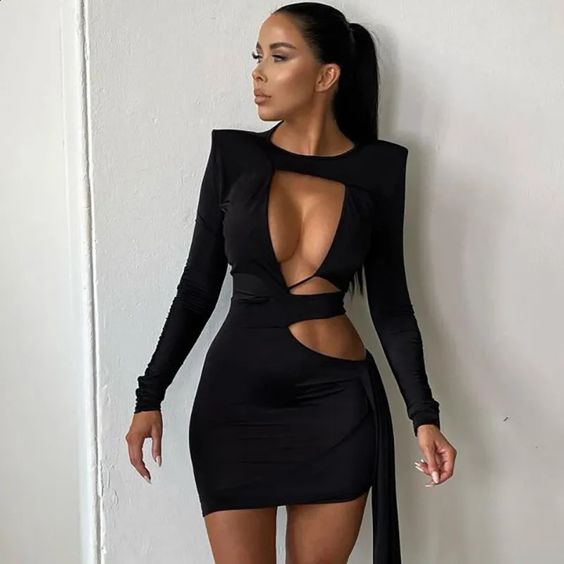 CNYISHE Black Sexy Cut Out Bodycon Dresses Women Bandage Long Sleeve Elegant Party Bodycon Midnight Dress Vestido Baddie Clothes 240701