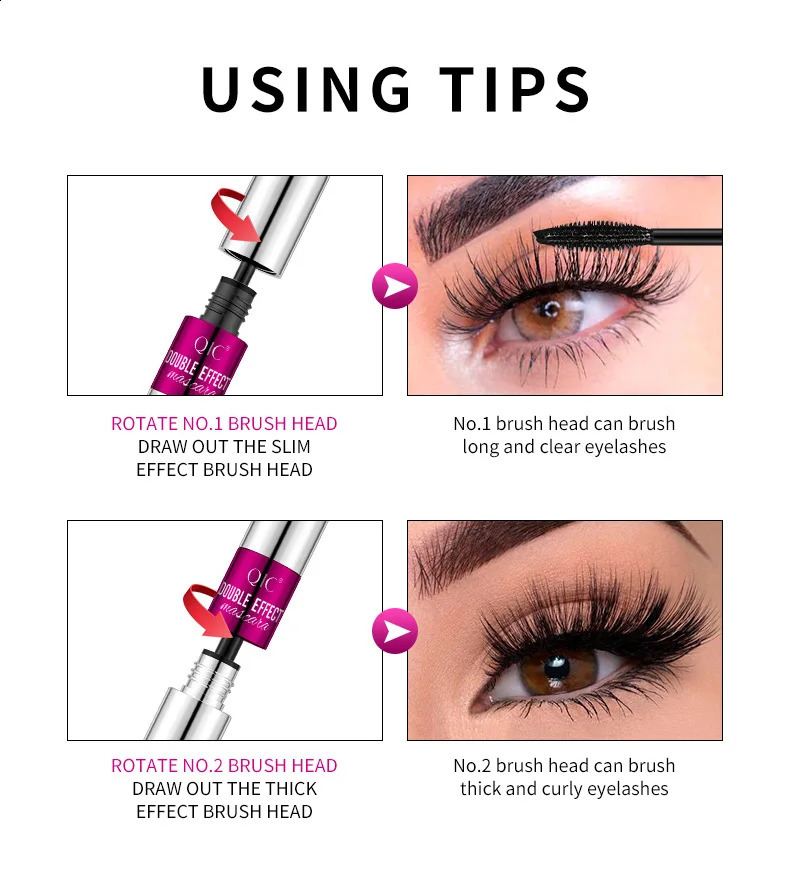 QIC Double Effect 4D Mascara 2 Brush Heads Waterproof Long Curl Natural Thick Eyelash 2in1 Eye Black Mascara 240701