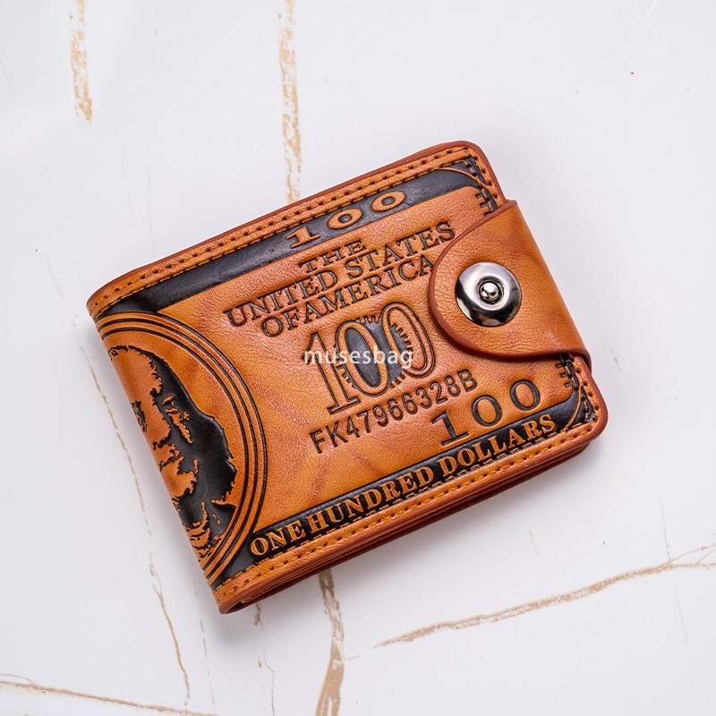 Fashionable high-end US dollar wallet for both men and women personalized magnetic buckle pressure changes to 100 yuan US dollar short wallet PU leath