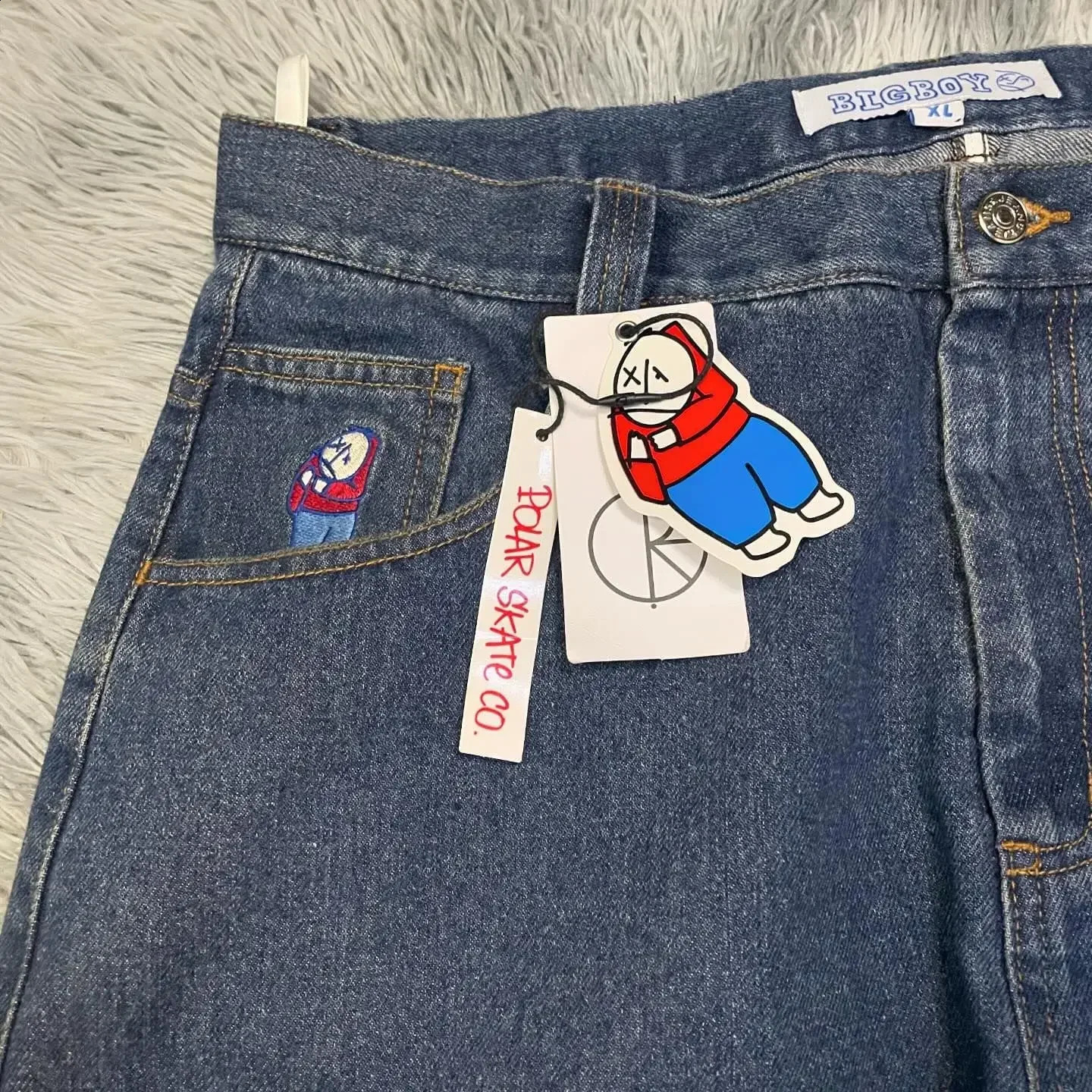 Hip Hop Cartoon Street Clothing Polar Big Boy Jeans Embroidered Y2K Pants Retro Blue Pocket Jeans Mens High Waist Wide Trouser 240701