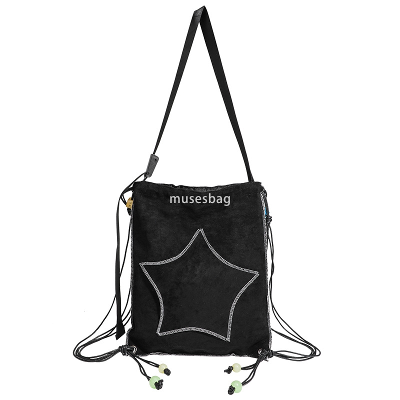 High quality women's high-end new fashion niche black star drawstring simple and large capacity backpack crossbody bag Instagram trend multiple c