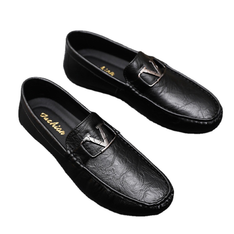 Beanie Shoes Men's Leather Shoes 2024 Spring Summer New Breathable Casual Leather Soft-Soled Loafers One Foot Peanie Men's Shoes black