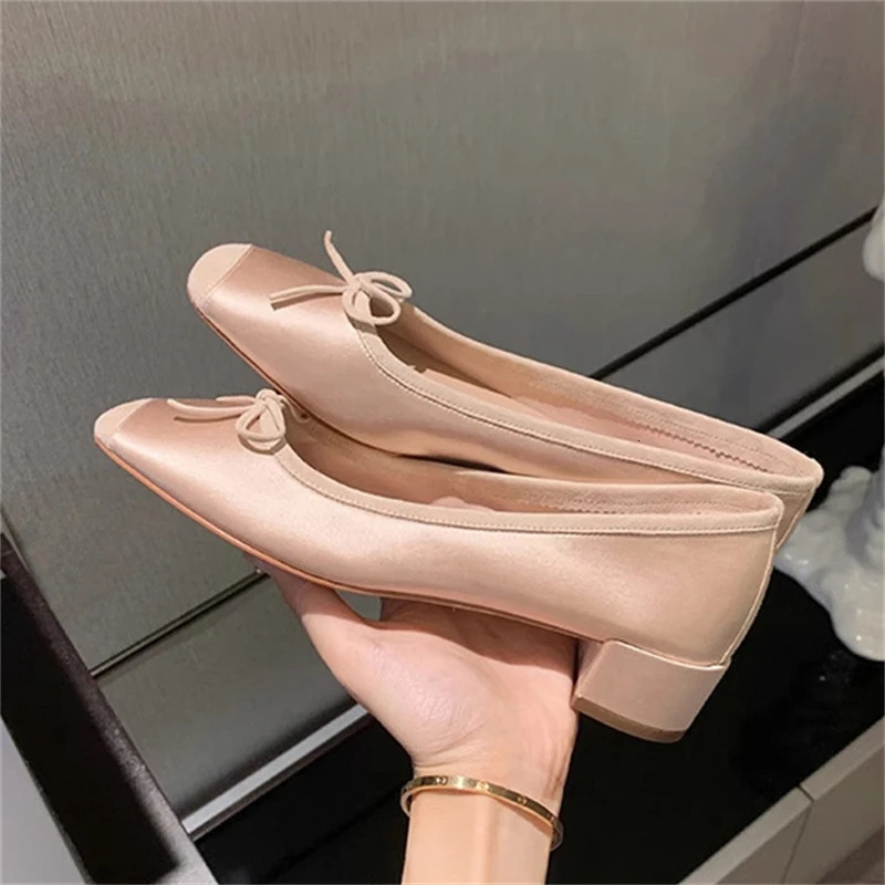 Fashion Elegant Silk Ballerinas Women Pumps Slip on Loafers Round Toe Square Heels Bowknot Casual Spring Autumn Shoes 240703