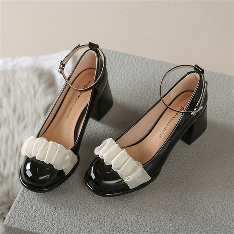 Single shoe women 2023 new thick high heels fairy shallow mouth small leather gentle Mary Jane shoes women's French style