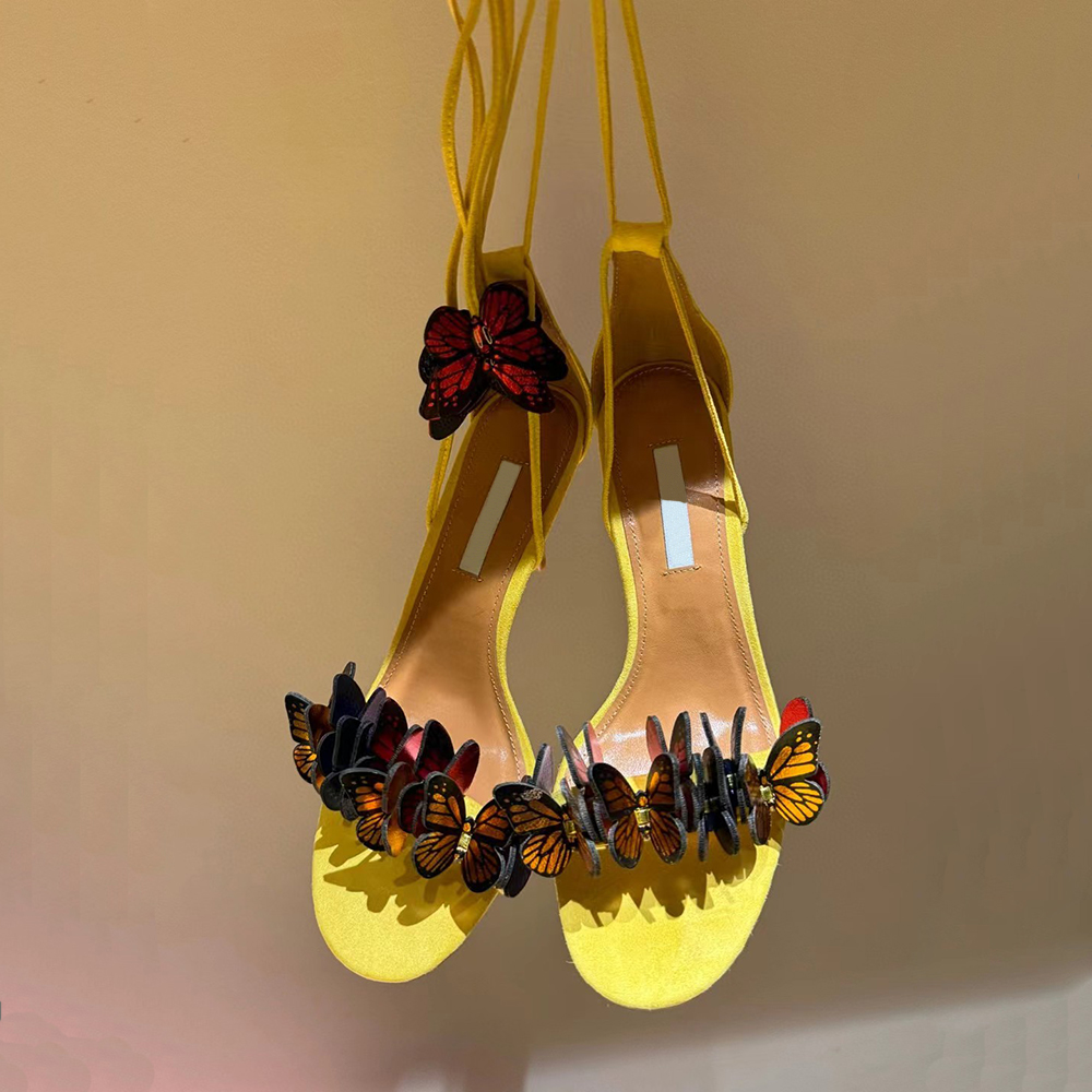 Womens New 90cm Stiletto Heel Sandals Butterfly flower decoration suede ankle strap exposed toe Dress Shoes Luxury designer Dinner Party high heels 35