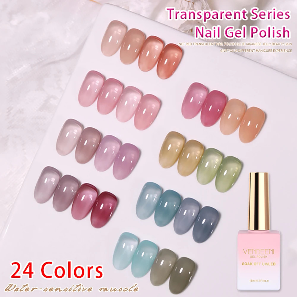 Vendeeni 24 Colors Jelly Transparent Gel Nail Polish Nude Pink Skin Color UV Soak Off Gel Varnish Jade Nail Art Gel Lacquer 15ml 240702