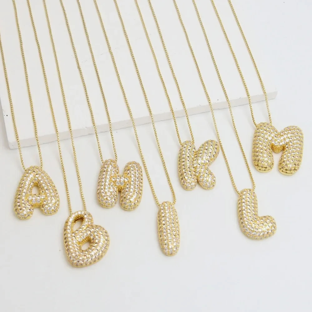 Gold Plated Waterproof Thick Bubble Alphabet Letter Clavicle Choker Necklace Sparkling Rhinestone Balloon Initial Jewelry 240625