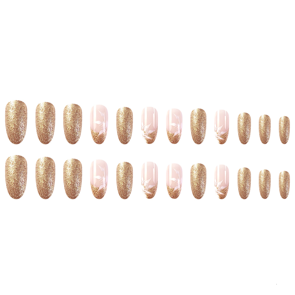 24 Pcs Long Oval Christmas Press On Pink French Style Glitter Fake Artificial Finger Manicure Reusable False Nails F703-9