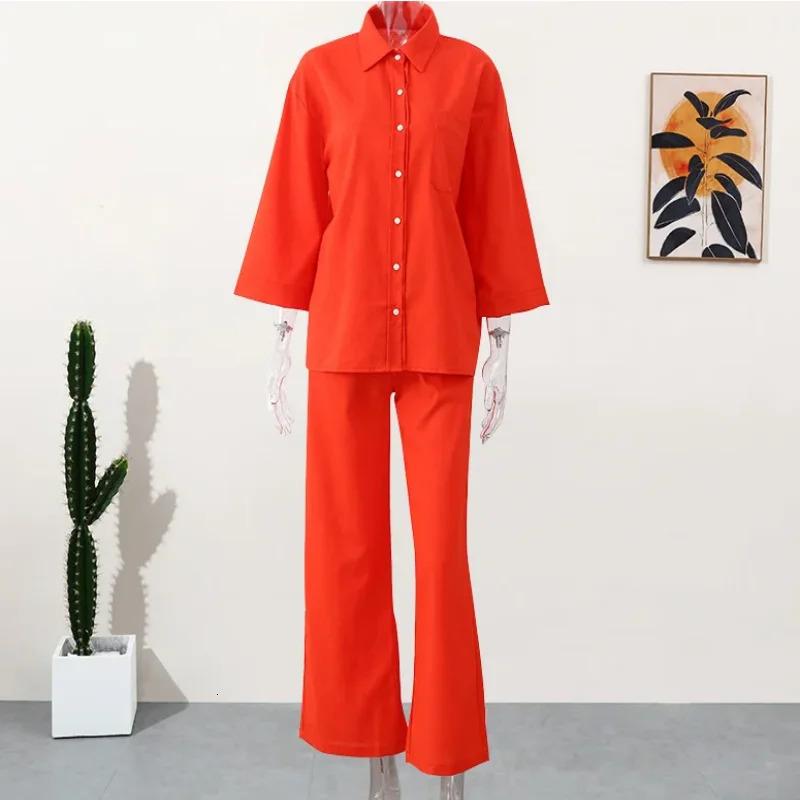 Women Streetwear Loose 2 Piece Sets Casual Solid Lapel V Neck Long Sleeve Single Breasted Shirt Wide Leg Pants Suit Homewear 240619