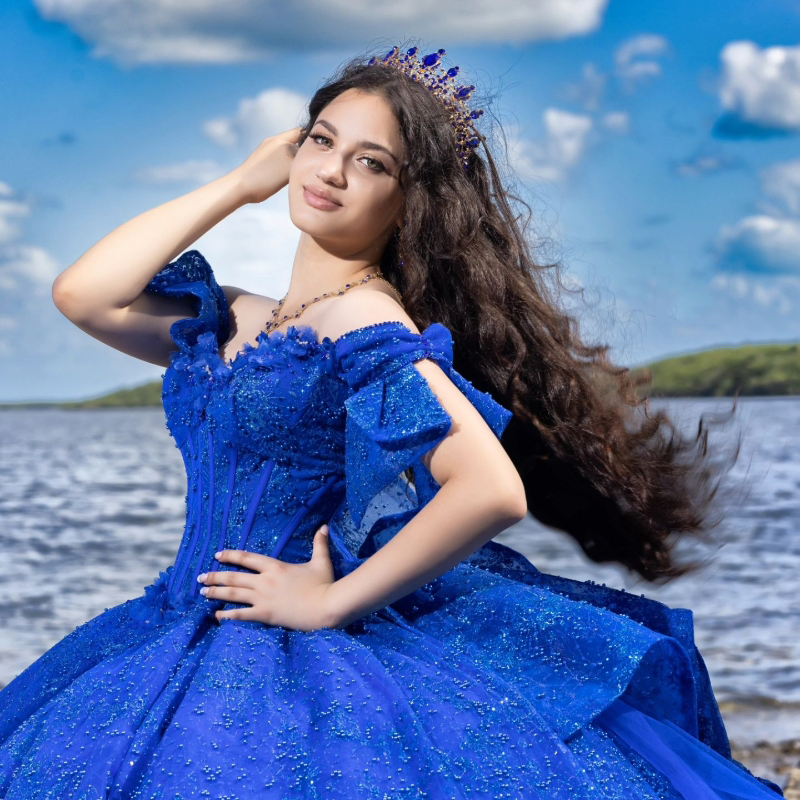 Royal Blue Shiny Ball Quinceanera Off The Shoulder Beads Bow Birthday Party Gown Sweet 16 Dresses Vestidos 15 De Novia