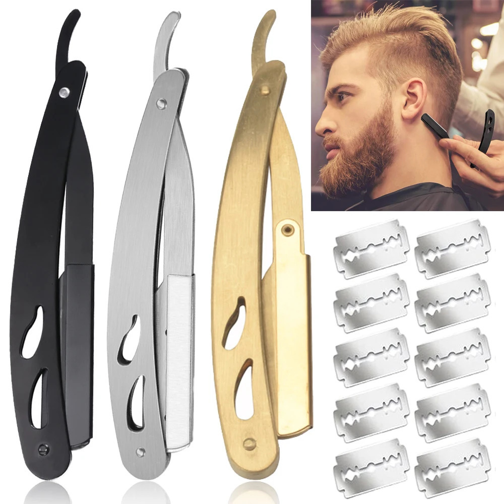 Mens shaver stainless steel shaver trimming tool hair and blade folding shaver holder with 10 razor blades 240703